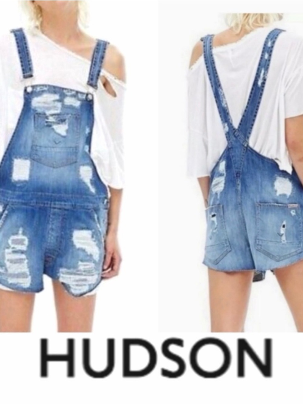 Hudson Florence Distressed Denim Short Overalls - Light Blue